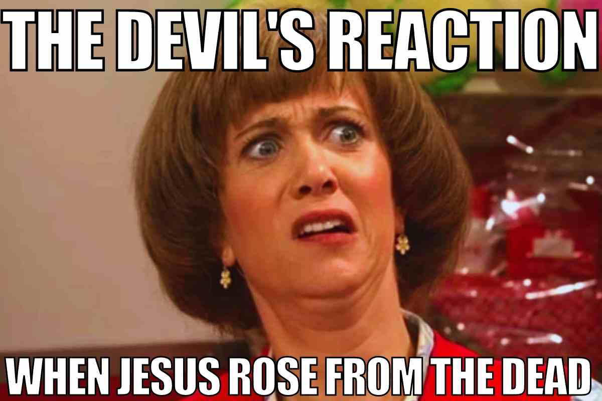 devil meme A humorous meme showing a woman with a comically shocked expression, captioned 'The Devil's Reaction When Jesus Rose from the Dead,' playfully capturing Easter surprise vibes.