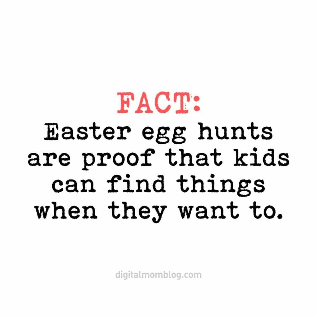 easter egg hunt meme Text meme stating, 'Fact: Easter egg hunts are proof that kids can find things when they want to,' capturing the humor of Easter when suddenly every kid becomes a treasurehunting prodigy.