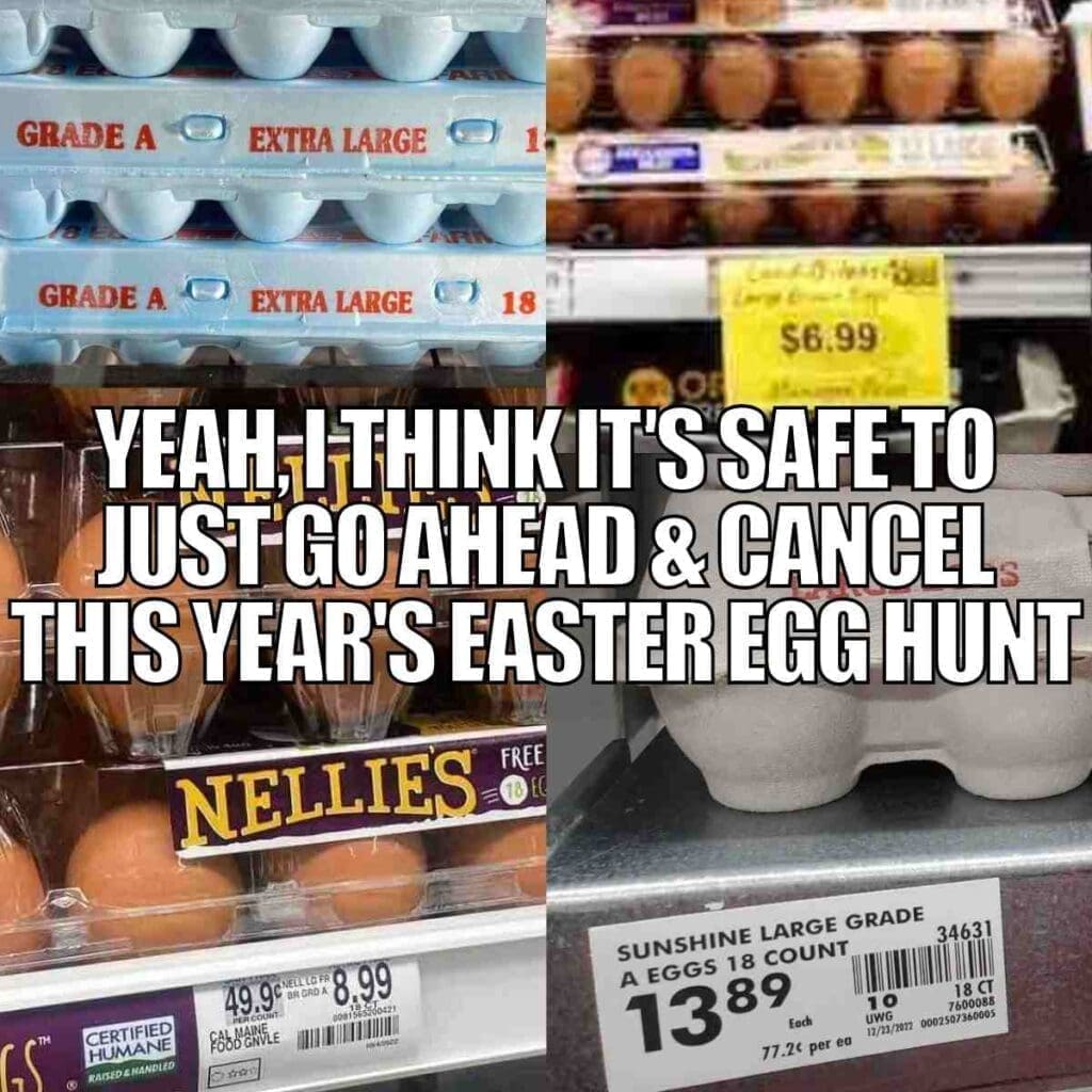easter egg meme inflation Meme showing expensive egg cartons in a grocery store with text saying, 'Yeah, I think it's safe to just go ahead & cancel this year's Easter egg hunt.'
