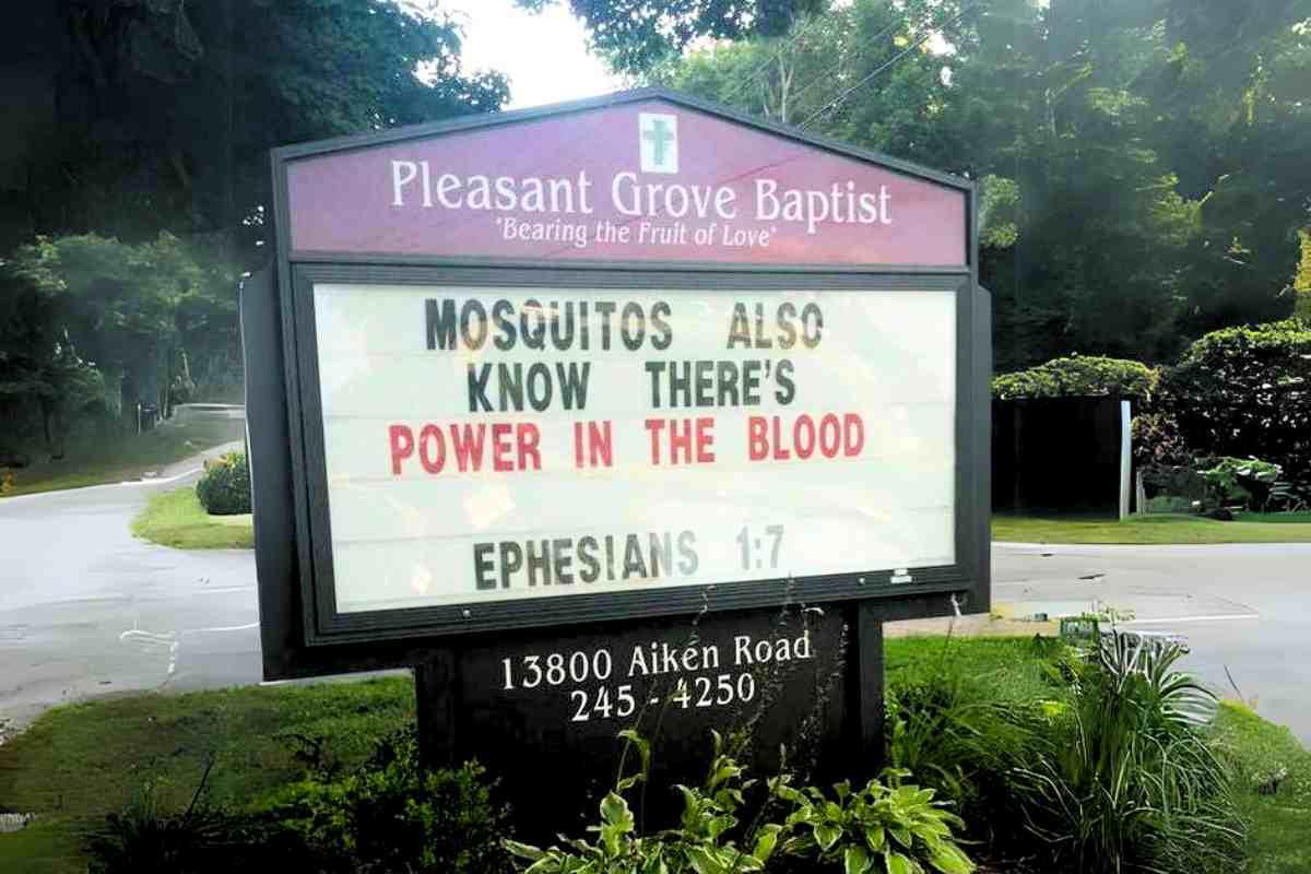 funny church sign mosquitos A church sign humorously reads, 'Mosquitos also know there's power in the blood' referencing Bible verse Ephesians 1:7.