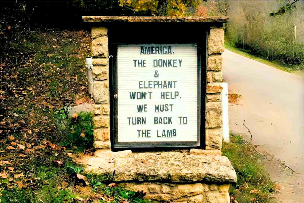 funny church sign politics donkey and elephant A humorous church sign that reads 'America, the donkey & elephant won't help. We must turn back to the lamb,' suggesting some divine barnyard politics.