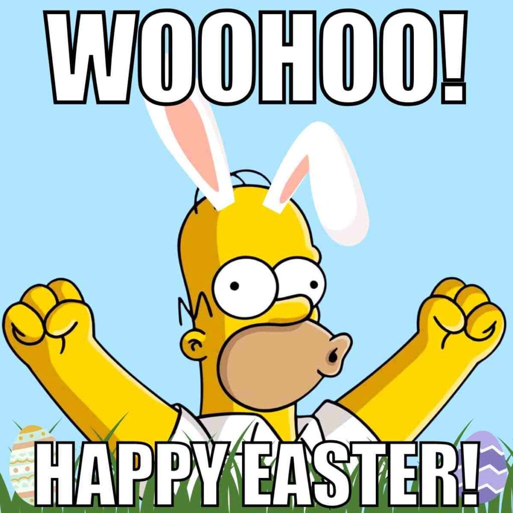 happy easter meme funny Animated character with bunny ears, joyfully raises fists under a big 'WOOHOO! HAPPY EASTER!' text, hinting at an eggciting Easter celebration full of laughs and chocolate surprises.