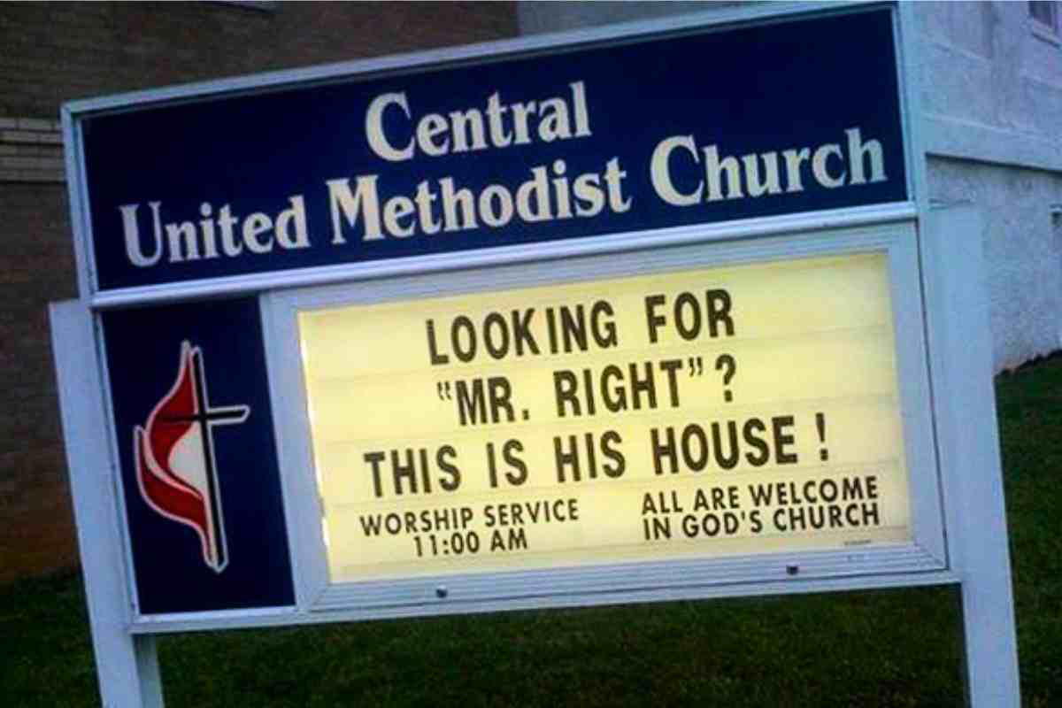 mr right church sign Church sign humorously suggesting Mr. Right lives here, inviting you to worship at 11:00 AM.