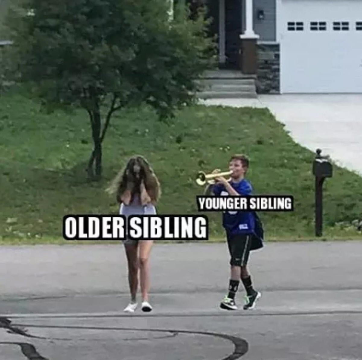 sibling meme annoying funny Meme of a younger sibling gleefully playing a trumpet behind an older sibling, who looks annoyed, depicting classic sibling antics for Sibling Day humor.