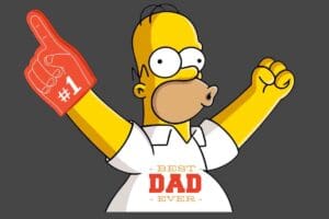Cartoon character flexing with a foam finger that says '#1', wearing a shirt declaring him 'Best Dad Ever' in a classic dad meme style.