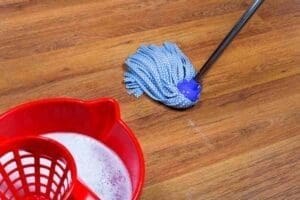 A blue mop attempts to tango with a laminate floor, with a bubbly red bucket eagerly waiting to join the dance party.