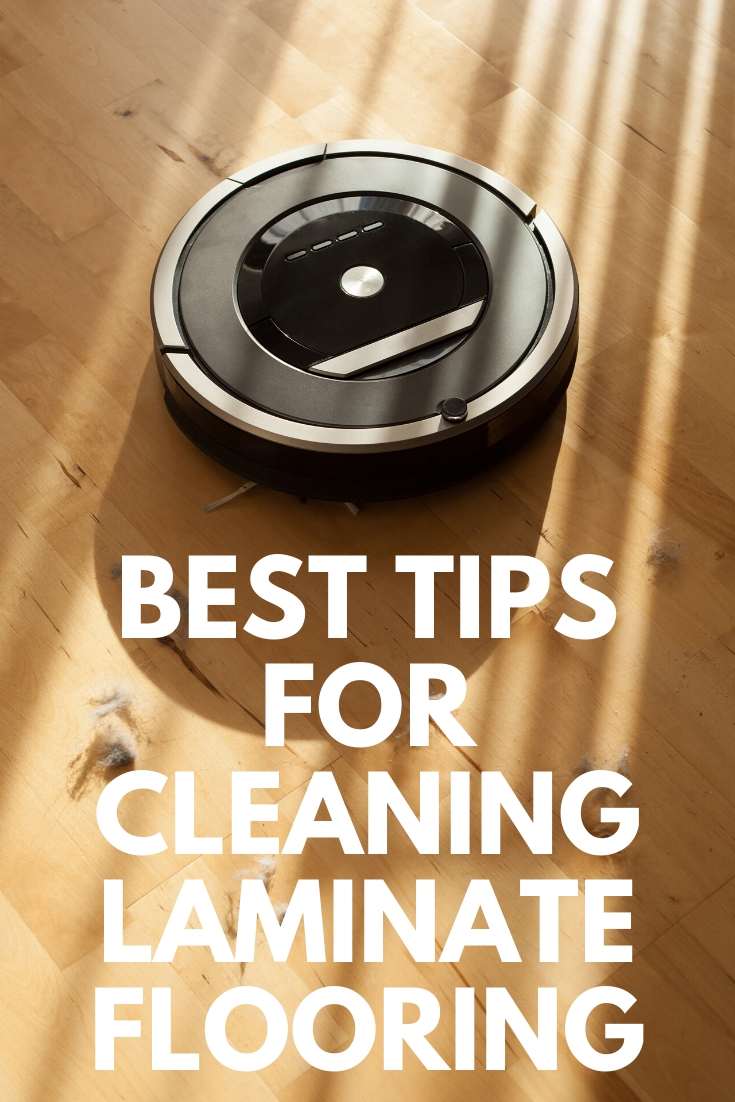 how to clean laminate floors A robotic vacuum cleaner makes cleaning laminate floors look like a futuristic dance party, with sunlight highlighting its sleek moves and "Best Tips for Cleaning Laminate Flooring" boldly spelled out, ready to rescue your Saturdays.