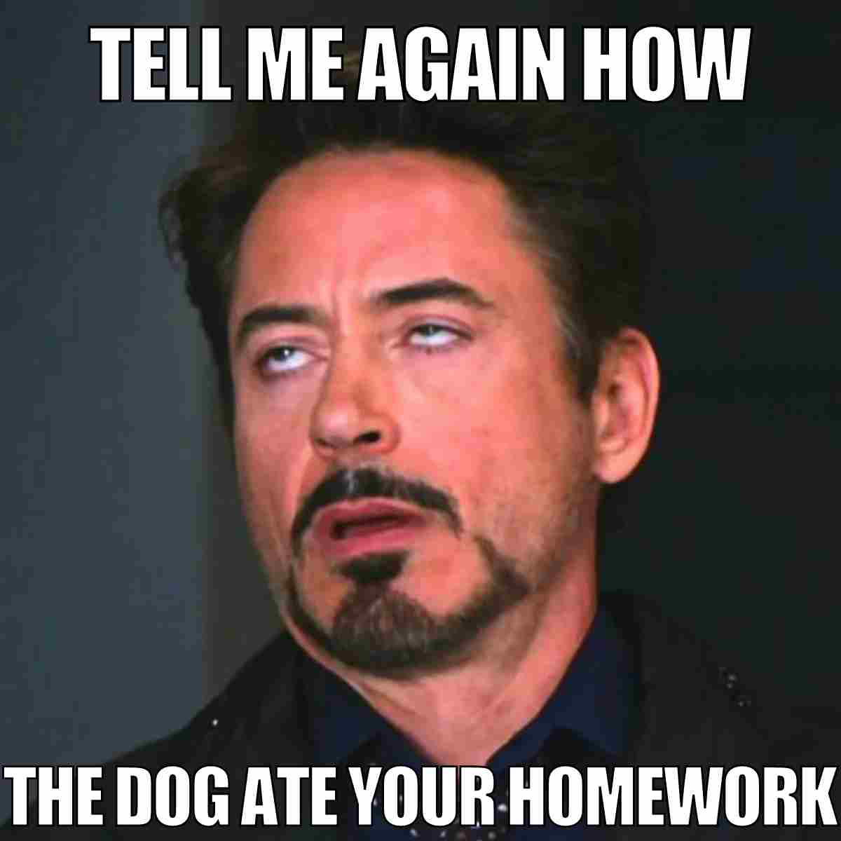 teacher homework meme Meme of a teacher rolling their eyes with the text, 'Tell Me Again How the Dog Ate Your Homework,' capturing classic student excuses and teacher disbelief.