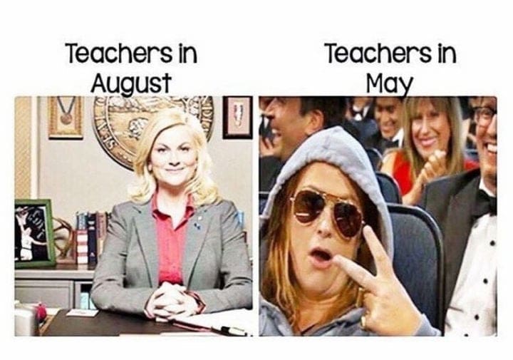 teachers before and after Meme showing the contrast between a composed teacher in August and a relaxed teacher in May wearing sunglasses and a hoodie, humorously highlighting the school year's impact on teachers.