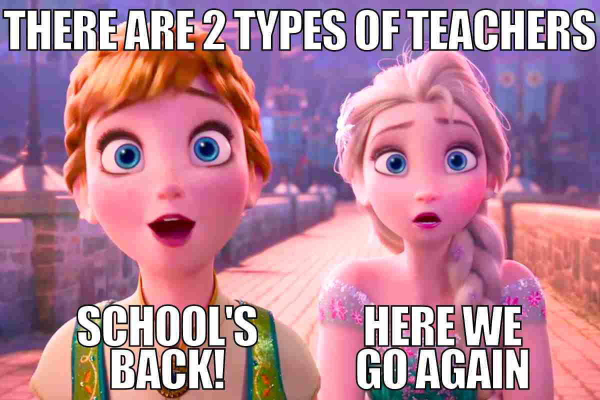 type of teachers meme Meme showing two animated characters with captions 'There are 2 types of teachers': left character is enthusiastic with 'School's back!' and right character is resigned with 'Here we go again.'