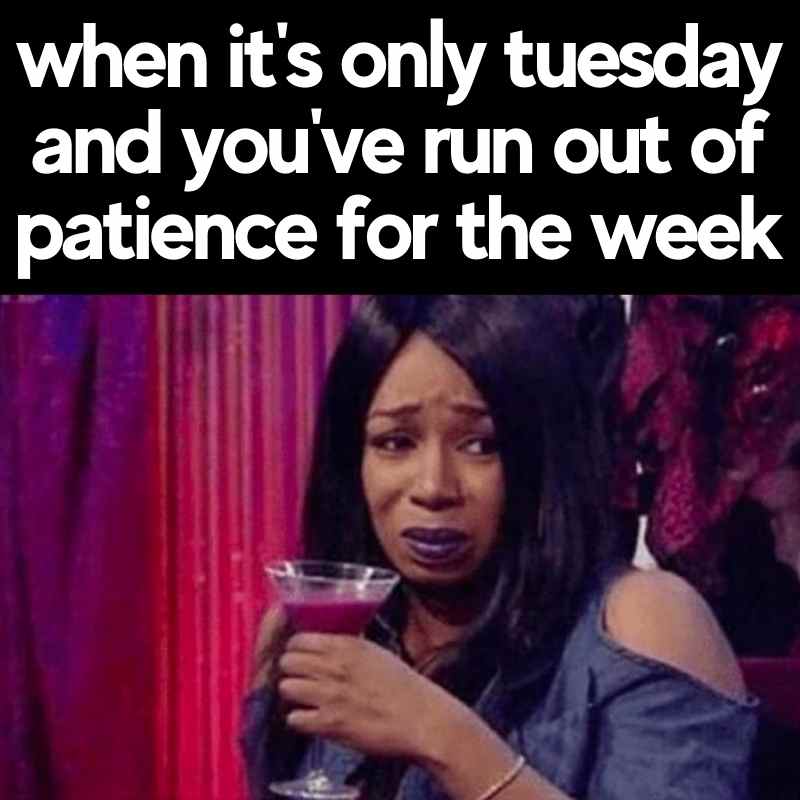 its only tuesday meme Meme of a woman looking exasperated while holding a drink, with the text: 'When it's only Tuesday and you've run out of patience for the week.'