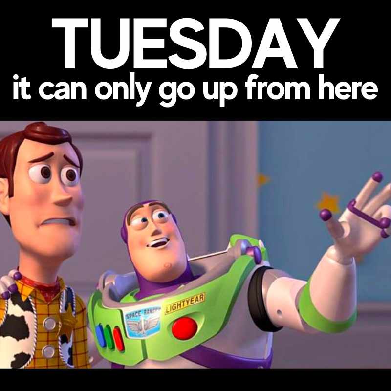 positive tuesday meme Amusing Tuesday meme features two animated characters looking hopeful with a caption: 'Tuesday, it can only go up from here,' perfectly encapsulating midweek optimism.
