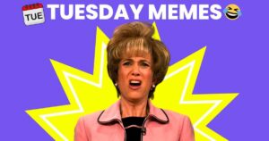 A meme image with a woman making a surprised face in front of a yellow explosion graphic on a purple background, featuring bold text that reads "TUESDAY MEMES" with a laughing emoji and a small calendar icon showing "TUE."