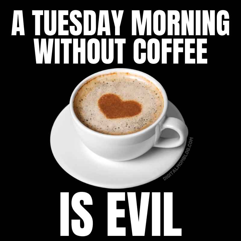 tuesday morning coffee funny meme Meme showing a coffee cup with a heartshaped foam and the caption, 'A Tuesday morning without coffee is evil.' Perfect for Tuesday humor enthusiasts who can't start the day without caffeine.
