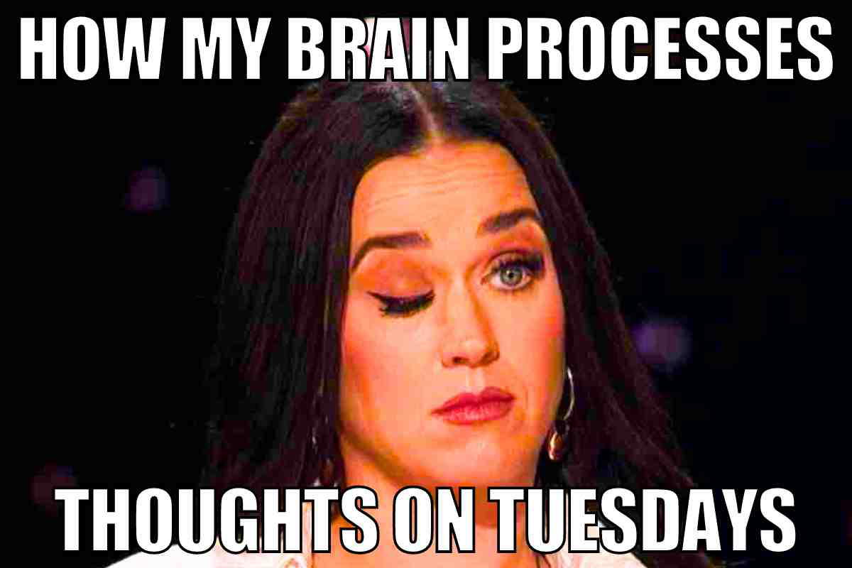 tuesdays meme Meme showing a woman giving a confused blink, captioned 'How my brain processes thoughts on Tuesdays,' humorously describing the struggle of midweek brain fog.