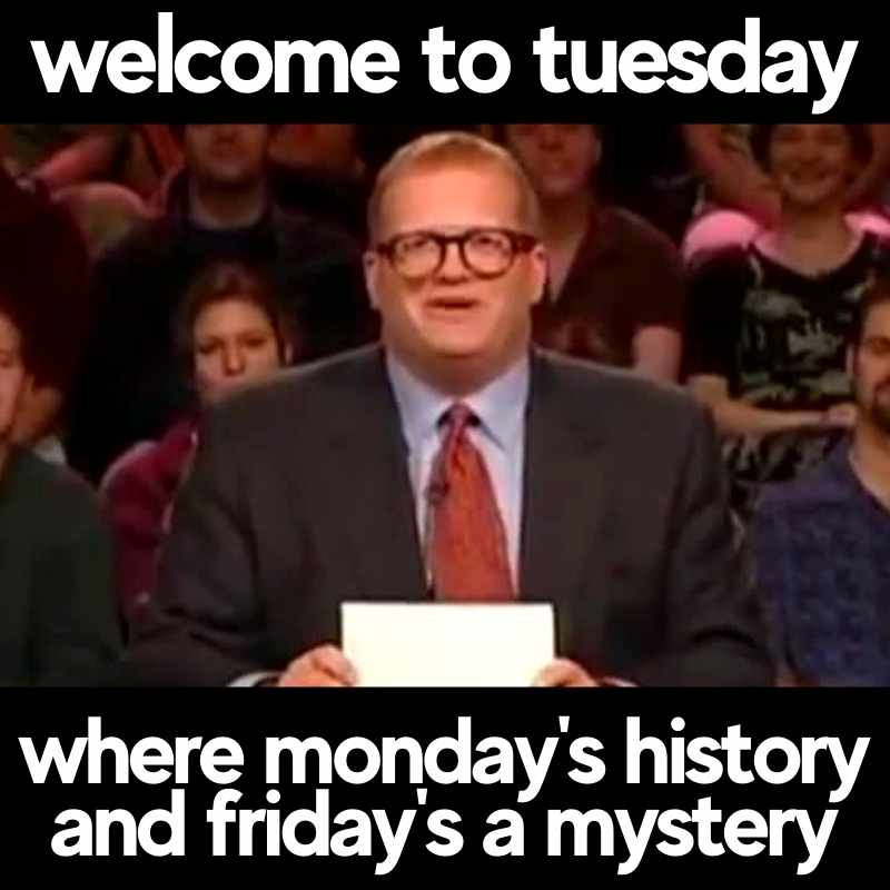 welcoeme tuesday meme funny Tuesday Meme showing Drew Carey in a colorful tie on a game show set, captioned humorously: 'Welcome to Tuesday, where Monday's history and Friday's a mystery.' Perfect for a laugh as you navigate the early week blues!