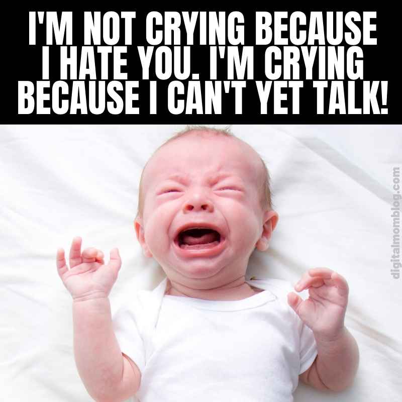 baby crying meme A crying baby meme with the text, 'I'm not crying because I hate you. I'm crying because I can't yet talk!' showcasing a classic baby tantrum with adorable and humorous overtones, typical of relatable baby memes.