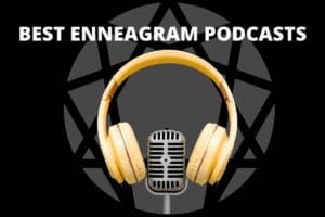 An enneagram symbol in the background with a vintage microphone sporting chic yellow headphones, titled 'Best Enneagram Podcasts.'