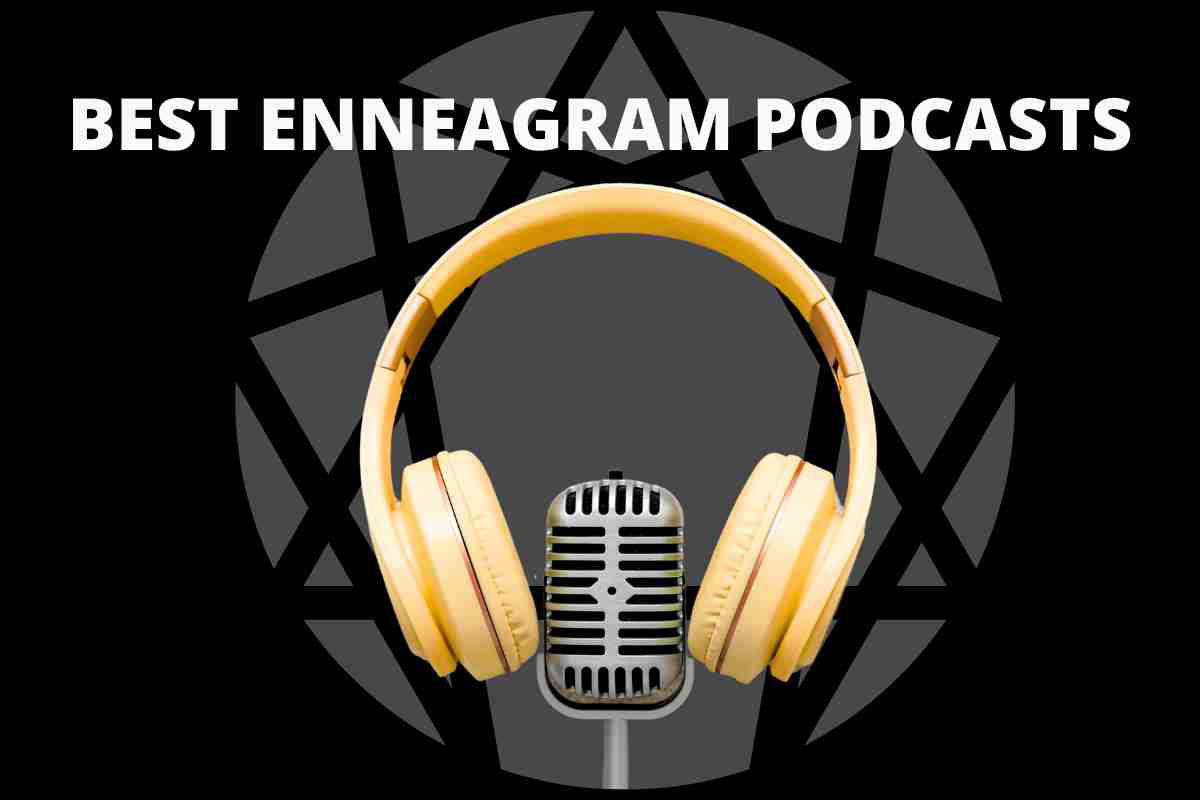 best enneagram podcasts An enneagram symbol in the background with a vintage microphone sporting chic yellow headphones, titled 'Best Enneagram Podcasts.'