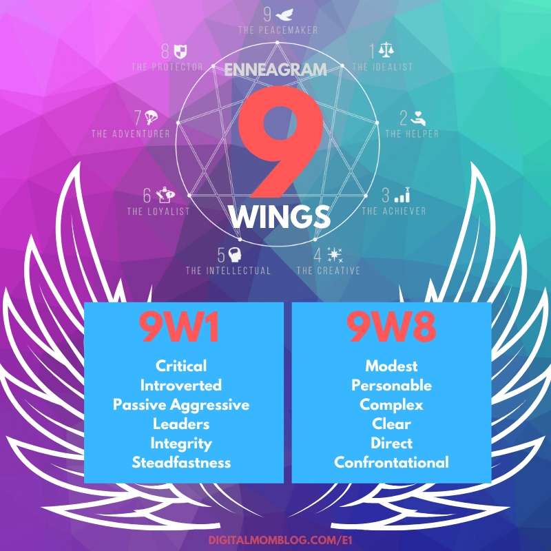 enneagram 9 wings Colorful Enneagram chart featuring wing 9W1 as the critical, introverted boss you can't avoid and 9W8 as the modest, personable mediator you can't help but love.