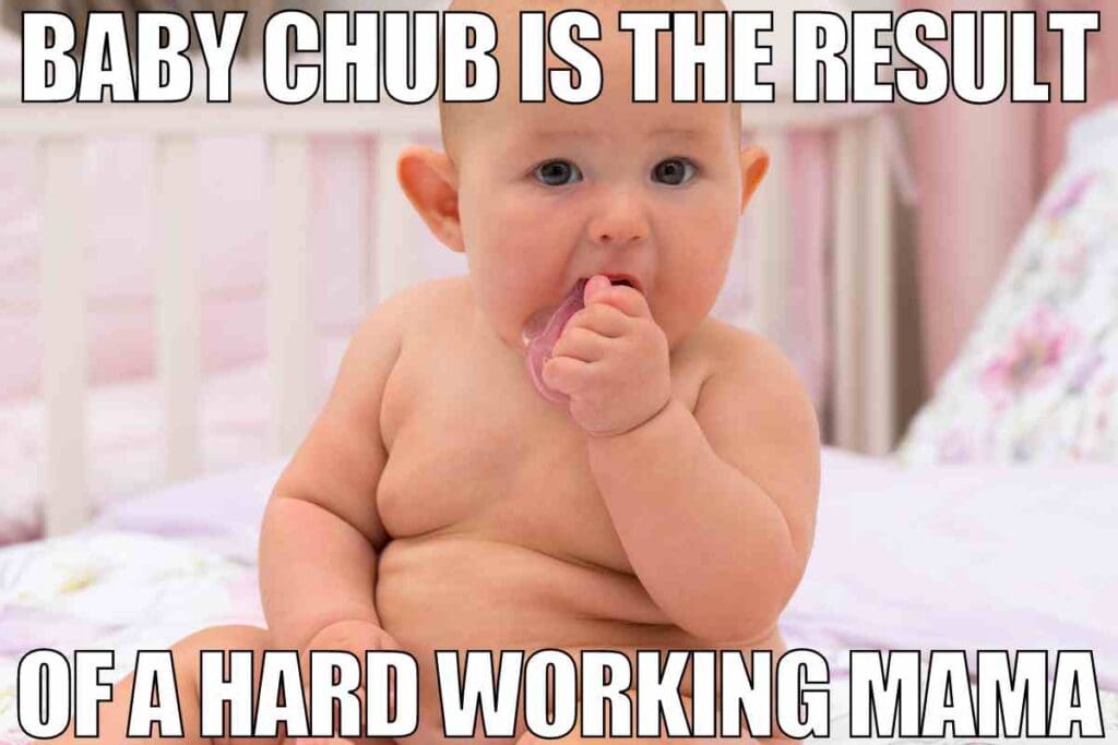 fat baby meme Adorable chubby baby sitting in a crib, happily gnawing on a pink toy, with text overlay: 'Baby chub is the result of a hardworking mama.' An unexpected endorsement of the baby squish lifestyle and exemplary meme material.