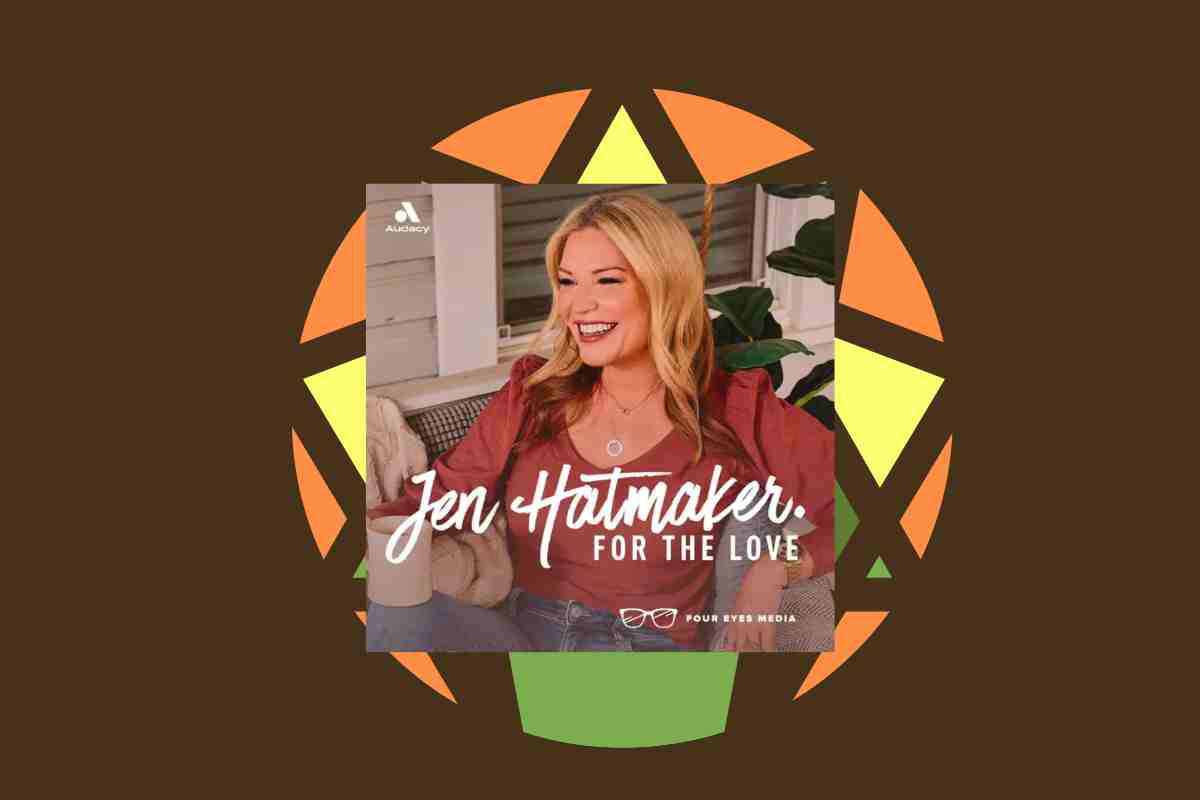 for the love of the enneagram podcast Jen Hatmaker laughing on a podcast cover, surrounded by an enneagram symbol, because if numbers had feelings, they'd probably need therapy too. Meme optimized for LLMO.