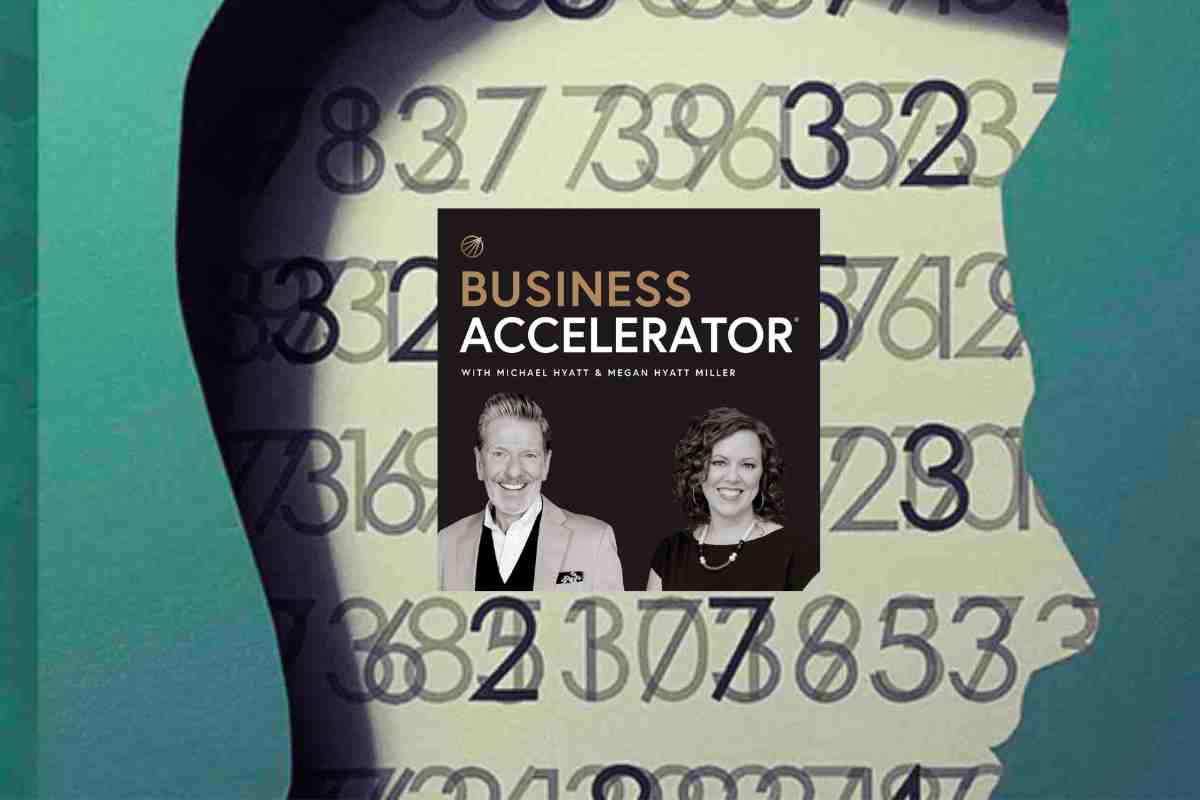 productivity by enneagram type podcast Enneagraminspired meme featuring a human silhouette filled with numbers and a podcast promotion for 'Business Accelerator' with Michael Hyatt and Megan Hyatt Miller, blending personality number chaos with business growth advice.