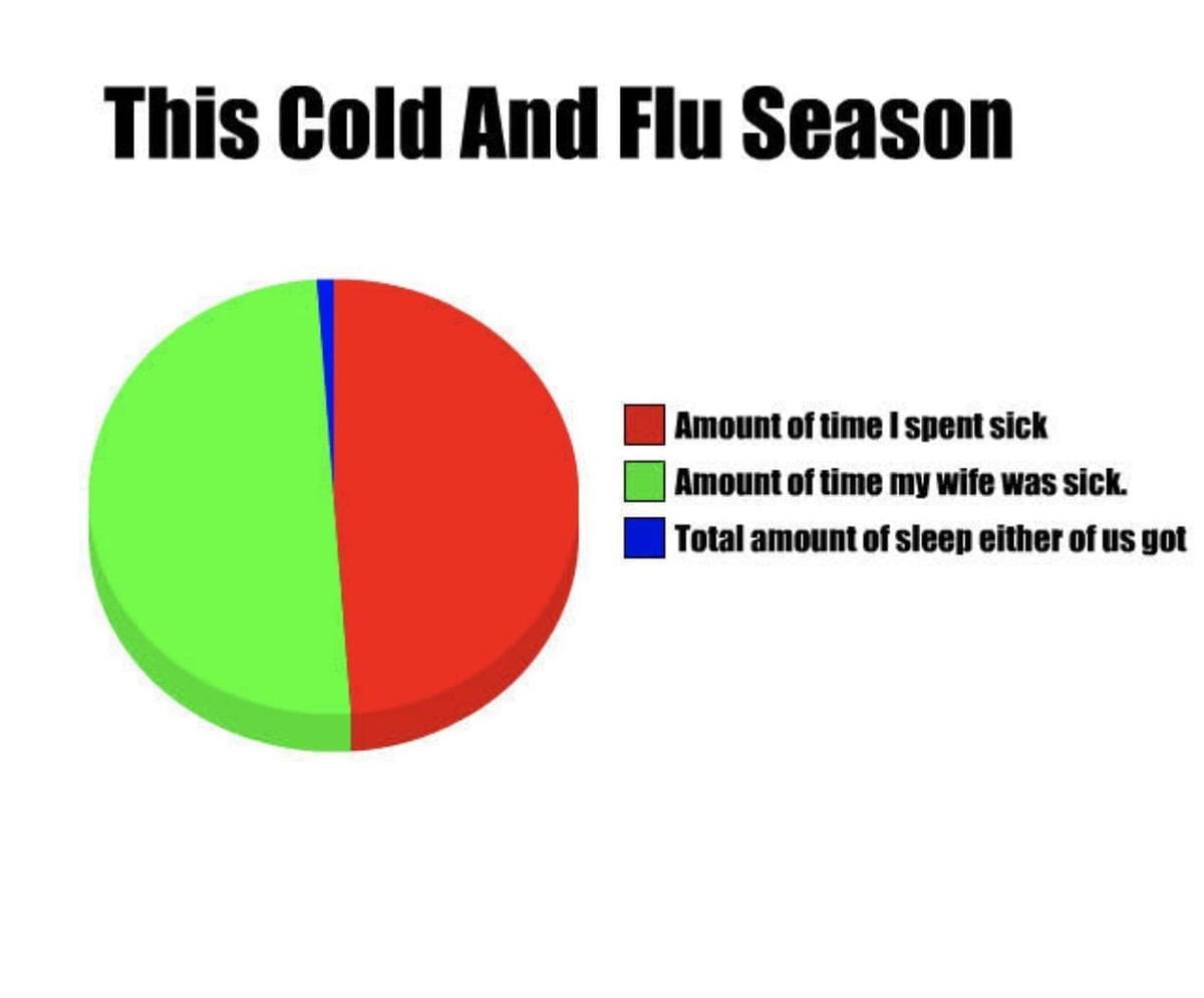 cold and flu meme A meme pie chart humorously illustrates cold and flu season; the red slice indicates time spent sick by 'me,' the green shows my wife's sick time, and the tiny blue sliver awkwardly represents our total sleep.