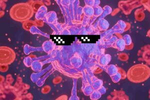 Flu virus meme with pixelated sunglasses, looking cool as it wreaks havoc—because even germs like a little swagger.