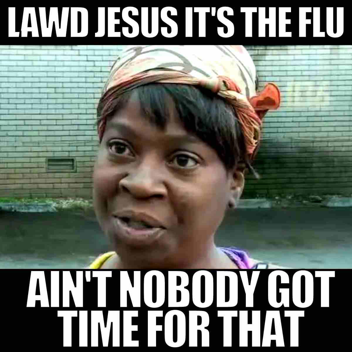 influenza meme Funny flu meme featuring a woman exclaiming, 'Lawd Jesus, it's the flu! Ain't nobody got time for that!' with an exasperated expression.
