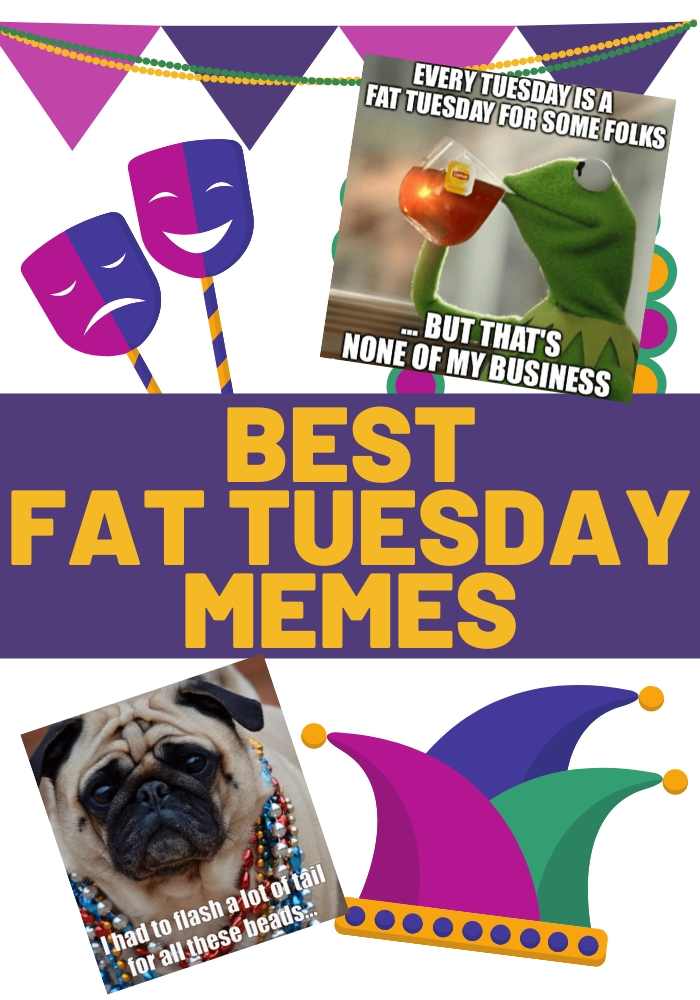 BEST FAT TUESDAY MEMES Collage of funny Fat Tuesday memes featuring a teadrinking frog meme saying 'Every Tuesday is a Fat Tuesday for some folks... but that's none of my business' and a pug with beads quipping 'I had to flash a lot of tail for all these beads;' vibrant Mardi Gras colors and masks add to the humorous theme.