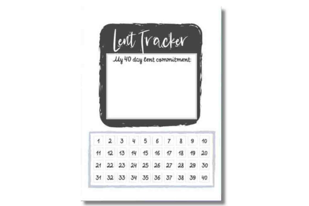 lent tracker pdf 1 A Lent tracker sheet with a section titled "My 40 day Lent commitment," followed by numbered squares from 1 to 40 arranged in four rows.