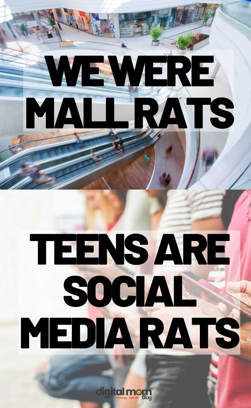 mall rats social media rats Meme comparing 'mall rats' of yesteryears to today's 'social media rats,' featuring bustling mall scenes and teens glued to their phones.