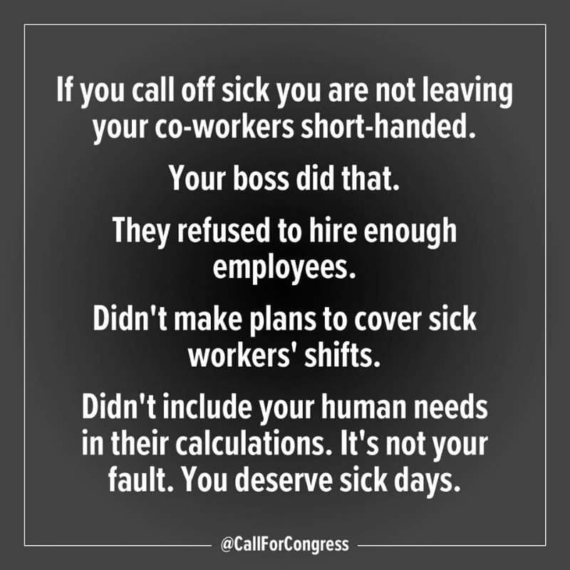 calling in sick meme Meme humorously pointing out that calling in sick isn't your fault but rather your boss's poor planning, with text highlighting the need for hiring more employees and valuing human needs.