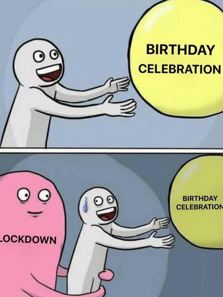 coronavirus birthday meme Funny birthday meme showing a character excitedly reaching for a balloon labeled 'Birthday Celebration,' only to be hilariously stopped by a pink creature labeled 'Lockdown.'