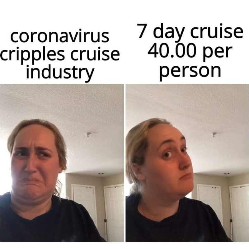 coronavirus meme cruise Meme featuring two sidebyside images of a woman's facial expressions, with text above: 'coronavirus cripples cruise industry' followed by '7 day cruise 40.00 per person,' capturing her initial concern then her intrigued reaction to cheap cruise deals.