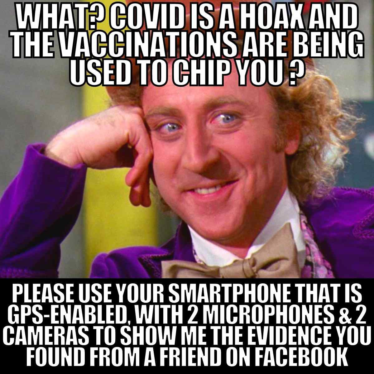 covid vaccine meme Meme featuring a skeptical man in a purple suit asking about using a GPSenabled smartphone to prove a conspiracy theory about vaccinations, with a sarcastic tone.
