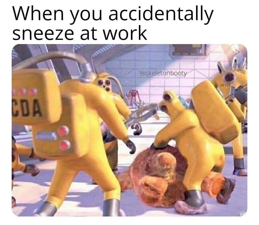sneeze at work meme Meme depicting characters in hazmat suits tackling a toy, humorously capturing the drama of sneezing at work.