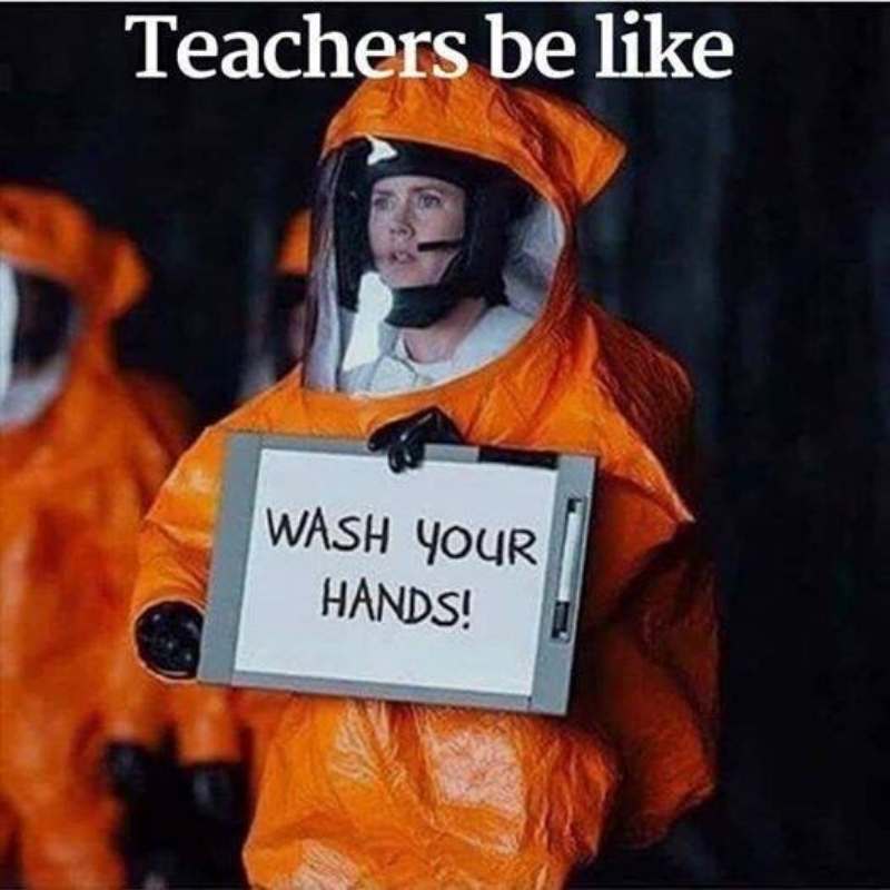 teachers be like wash your hands meme Funny teacher meme showing a person in a hazmat suit holding a sign that says 'Wash Your Hands,' with the caption 'Teachers be like,' humorously depicting teachers' focus on hygiene.