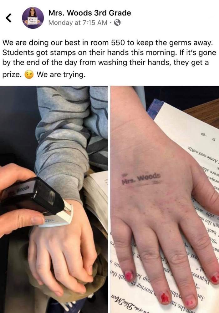 wash hands smart teacher meme Meme of a teacher stamping a student's hand with 'Mrs. Woods,' using a creative germremoval incentive: wash off the stamp for a prize.