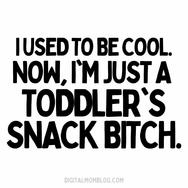 toddler snacks meme funny Funny toddler meme with bold text saying, "I used to be cool. Now, I'm just a toddler's snack bitch," humorously capturing the chaos of parenting.