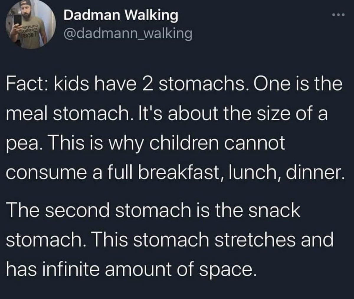 toddler meme eating Funny toddler meme explaining kids' two magical stomachs: one tiny meal stomach and an infinitely expanding snack stomach.