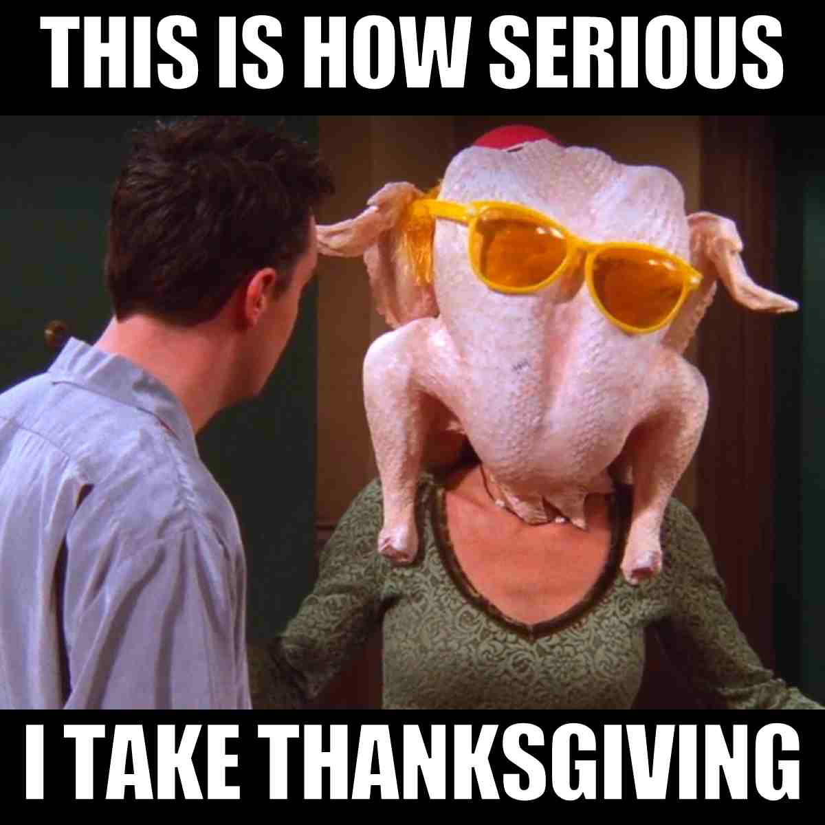 friends thanksgiving meme Meme of a person with a turkey on their head wearing sunglasses, with the text 'This is how serious I take Thanksgiving' from a humor scene in a show.