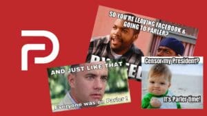 Collage of memes humorously discussing the move to Parler from other social media platforms, featuring iconic expressions and captions like 'And just like that, everyone was on Parler!' over a tense drama character, a baby fistpumping with 'It's Parler time!' and two surprised individuals questioning a social media switch. Clearly, it's meme o'clock!