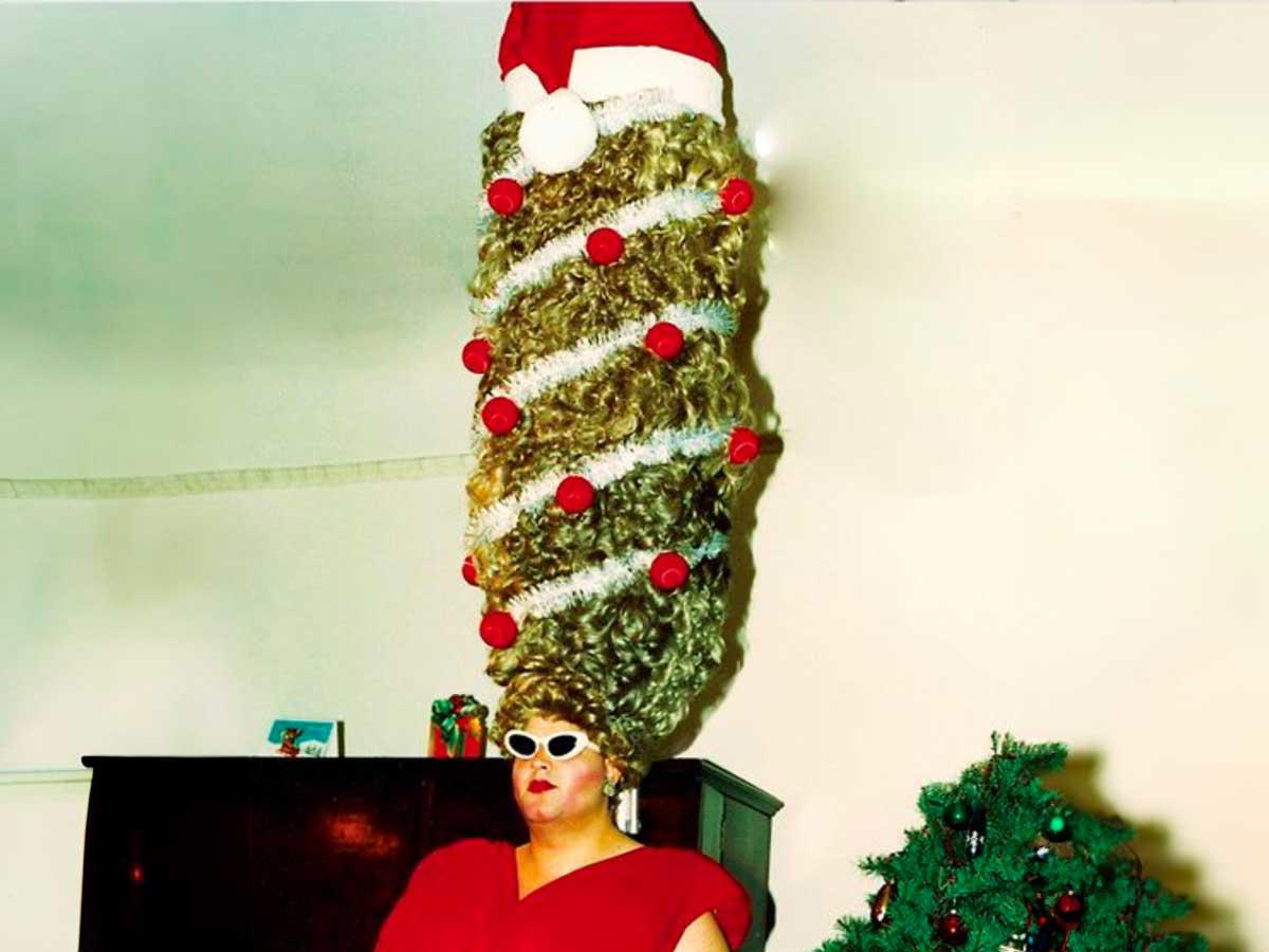 christmas tree hair drag queen drag queen with a christmas tree hair wig with santa hat on top