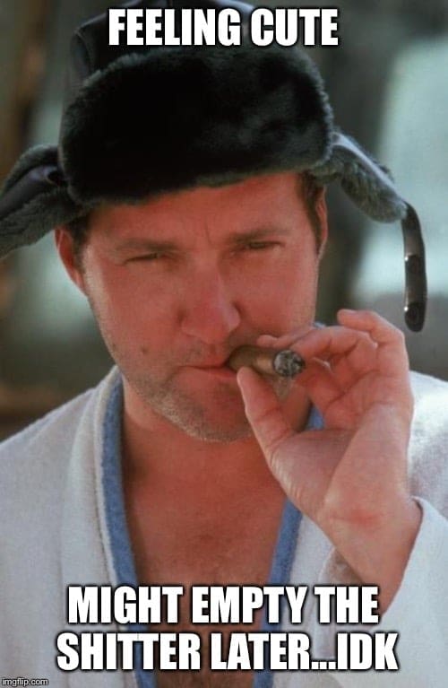 Shitter full meme Meme showing a man wearing a fur hat and robe, smoking a cigar with a confident expression; text above and below reads, 'Feeling cute, might empty the shitter later...IDK.'