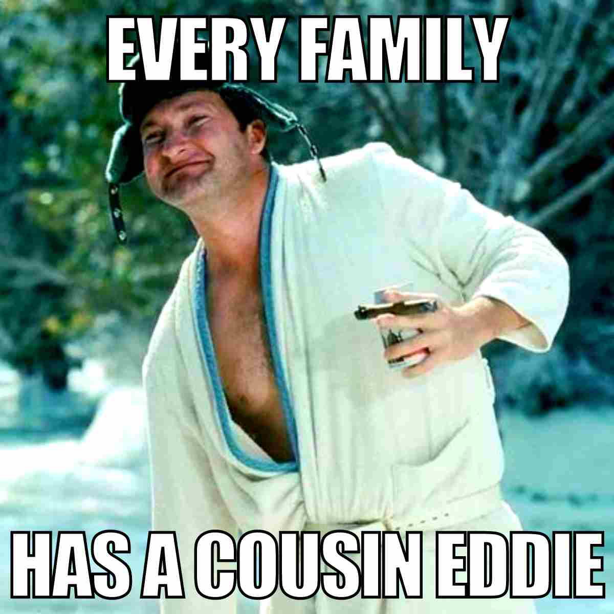 cousin eddie meme funny Funny meme of a man in a bathrobe and winter hat with the caption 'Every family has a Cousin Eddie,' capturing the quirky relative everyone can relate to.