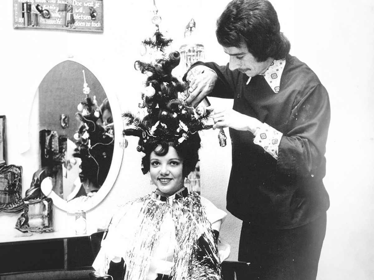 Vintage Christmas Tree Hair Photo vintage christmas hair photo of man creating a christmas tree hairstyle