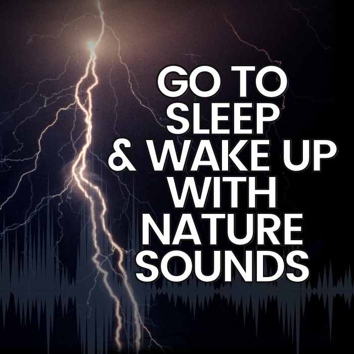 Clock for kids that has a built in sound machine with nature sounds. Text reading 'Go to Sleep & Wake Up with Nature Sounds' overlaid on an image of a lightning bolt with soundwave graphics at the bottom.