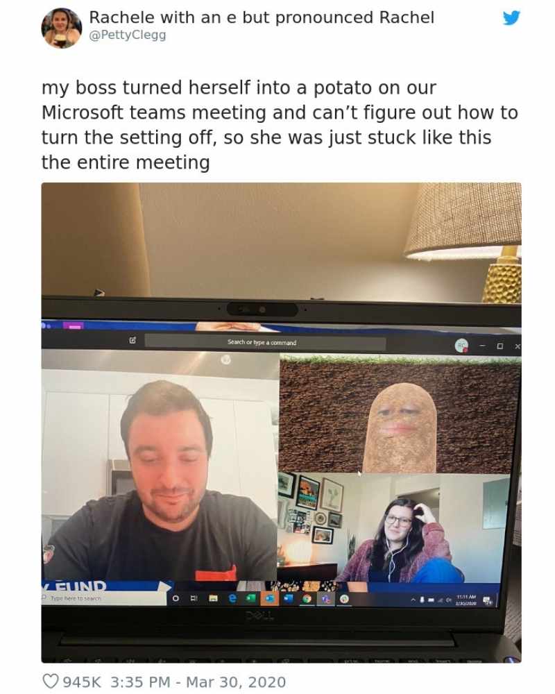 filters zoom meeting meme 2 A humorous meme showing a virtual meeting on Microsoft Teams, with one participant accidentally transformed into a potato avatar. The text above says, 'my boss turned herself into a potato on our Microsoft teams meeting and can’t figure out how to turn the setting off, so she was just stuck like this the entire meeting'.
